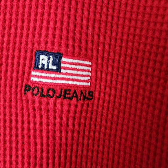 POLO JEANS RALPH LAUREN x VINTAGE 90's American Flag Logo waffle henley‎ top red - Picture 7 of 7